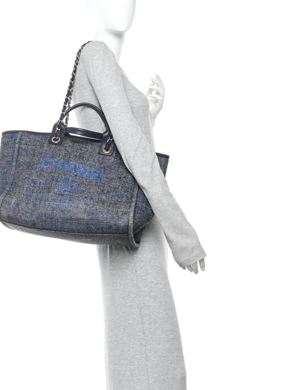 Chanel Lurex Canvas Medium Deauville Tote Navy Blue Shoulder Bag Shopper CC Logo